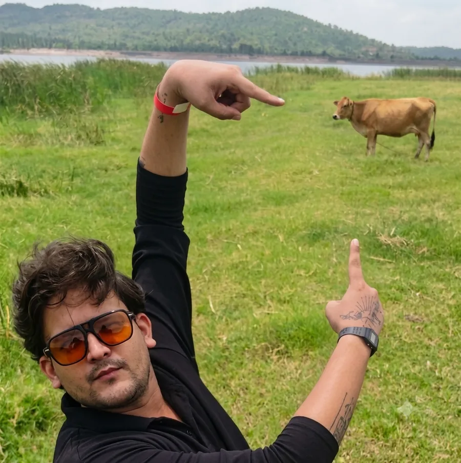 Akshat Chaturvedi in a field, pointing with both hands at a cow behind him